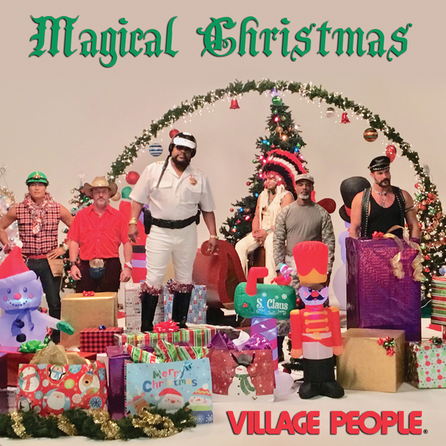 village people sanding with christmas presents brown background and green text