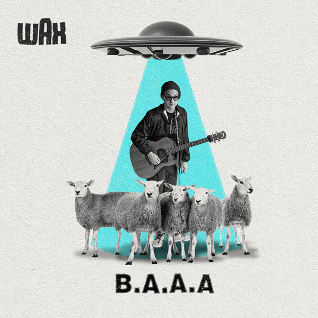 man with guitar with UFO over head standing with sheeps